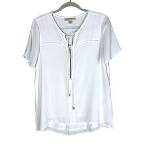 Michael Kors Zip Front Top Double Layer Short Sleeve Logo Ties in White Size 8